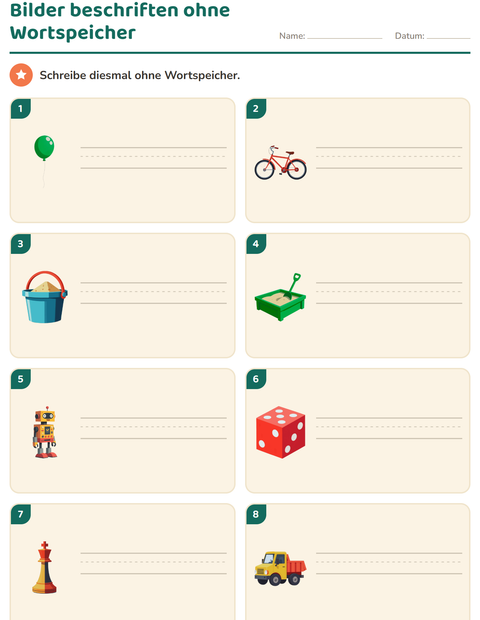 Vorschau: Bilder beschriften ohne Wortspeicher – acht Spielzeugwörter selbst schreiben