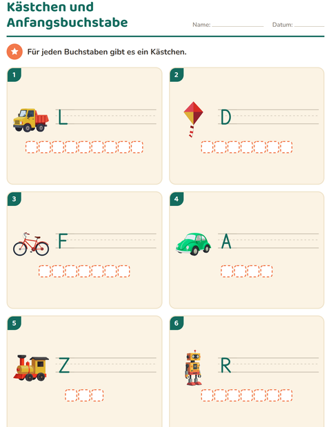 Kästchen und Anfangsbuchstabe – Spielzeugwörter ohne Wortliste