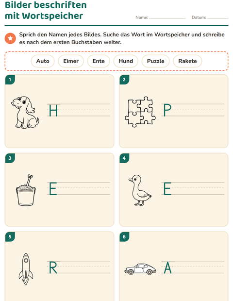 Vorschau: Bilder beschriften-Arbeitsblatt mit Spielzeug SW 2 für 1. Klasse