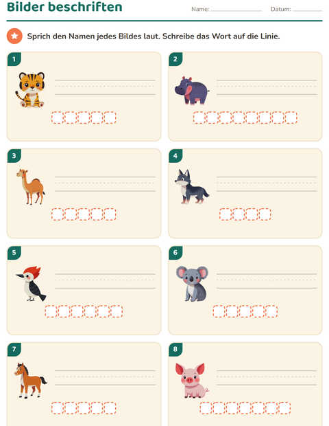 Vorschau: Bilder beschriften-Arbeitsblatt mit Tiere für 1. Klasse