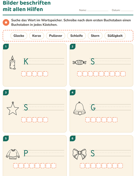 Vorschau: Bilder beschriften-Arbeitsblatt mit Weihnachten S/W für 1. Klasse