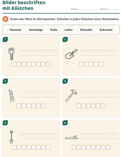 Vorschau: Bilder beschriften-Arbeitsblatt mit Werkzeuge SW für 1. Klasse