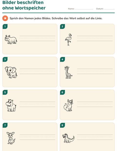 Vorschau: Bilder beschriften-Arbeitsblatt mit Zootiere SW für 1. Klasse