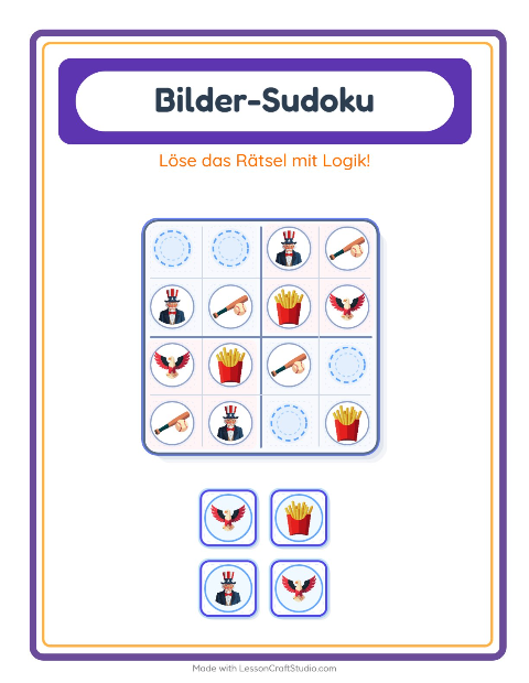 Vorschau: Bilder-Sudoku-Arbeitsblatt mit 4. Juli für Kindergarten