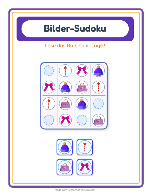 Vorschau: Bilder-Sudoku-Arbeitsblatt mit Accessoires für Kindergarten