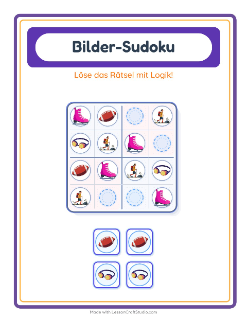 Vorschau: Bilder-Sudoku-Arbeitsblatt mit Aktivitäten für Kindergarten