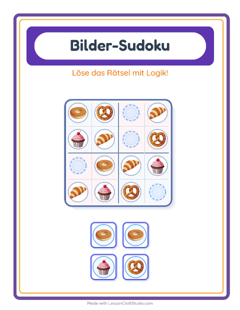 Vorschau: Bilder-Sudoku-Arbeitsblatt mit Bäckerei für Kindergarten