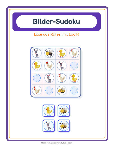 Vorschau: Bilder-Sudoku-Arbeitsblatt mit Bauernhoftiere für Kindergarten