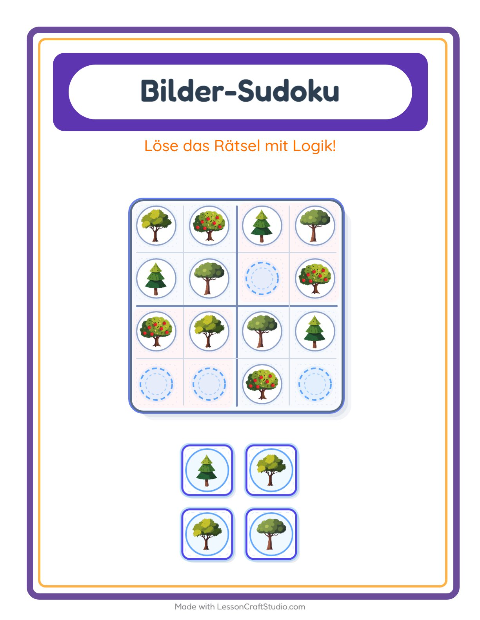 Vorschau: Bilder-Sudoku-Arbeitsblatt mit Bäume für Kindergarten