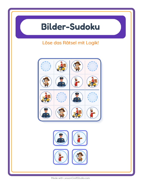 Vorschau: Bilder-Sudoku-Arbeitsblatt mit Berufe für Kindergarten