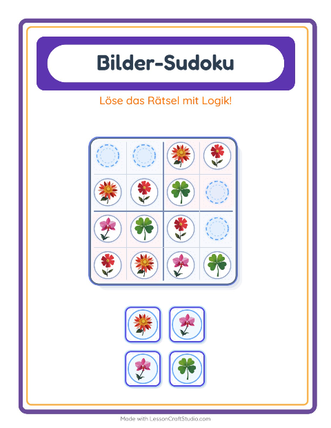 Vorschau: Bilder-Sudoku-Arbeitsblatt mit Blumen für Kindergarten