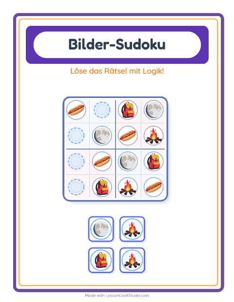 Vorschau: Bilder-Sudoku-Arbeitsblatt mit Camping für Kindergarten