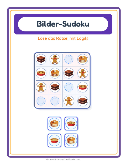 Vorschau: Bilder-Sudoku-Arbeitsblatt mit Desserts und Süßigkeiten für Kindergarten