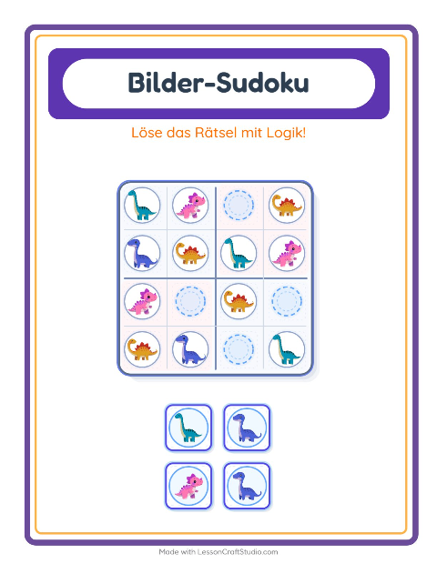 Vorschau: Bilder-Sudoku-Arbeitsblatt mit Dinosaurier für Kindergarten