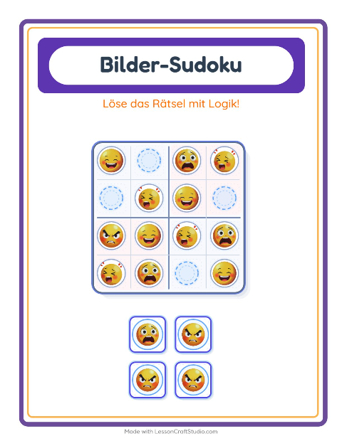 Vorschau: Bilder-Sudoku-Arbeitsblatt mit Emotionen für Kindergarten