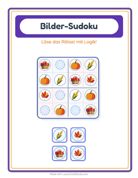 Vorschau: Bilder-Sudoku-Arbeitsblatt mit Erntedankfest für Kindergarten