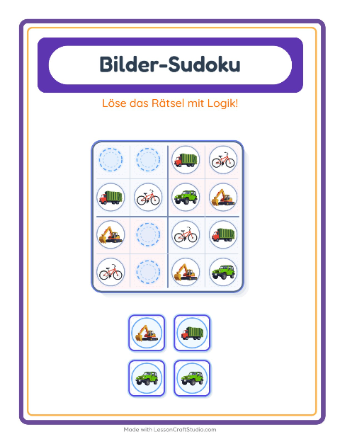 Vorschau: Bilder-Sudoku-Arbeitsblatt mit Fahrzeuge für Kindergarten