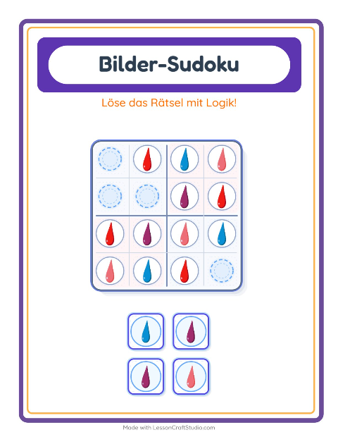 Vorschau: Bilder-Sudoku-Arbeitsblatt mit Farben für Kindergarten