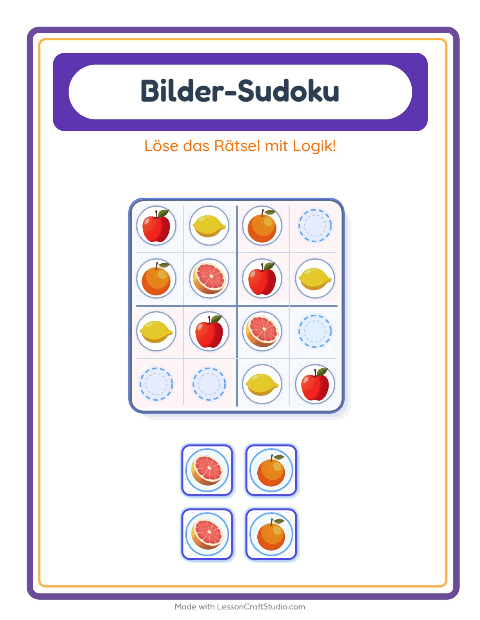 Vorschau: Bilder-Sudoku-Arbeitsblatt mit Früchte für Kindergarten