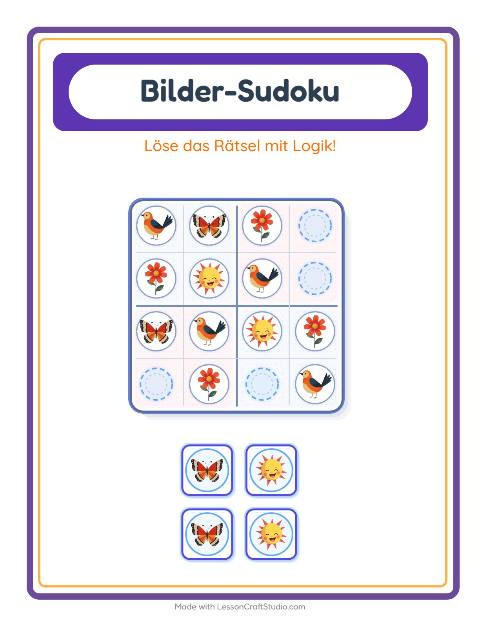 Vorschau: Bilder-Sudoku-Arbeitsblatt mit Frühling für Kindergarten