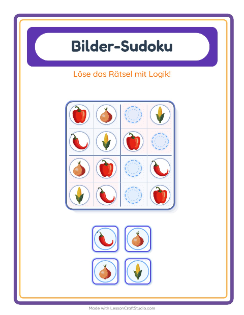 Vorschau: Bilder-Sudoku-Arbeitsblatt mit Gemüse für Kindergarten