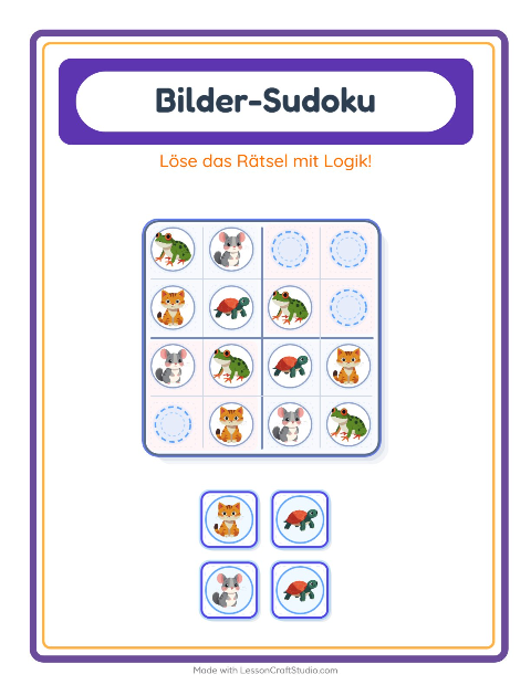Vorschau: Bilder-Sudoku-Arbeitsblatt mit Haustiere für Kindergarten