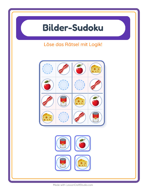 Vorschau: Bilder-Sudoku-Arbeitsblatt mit Im Supermarkt für Kindergarten