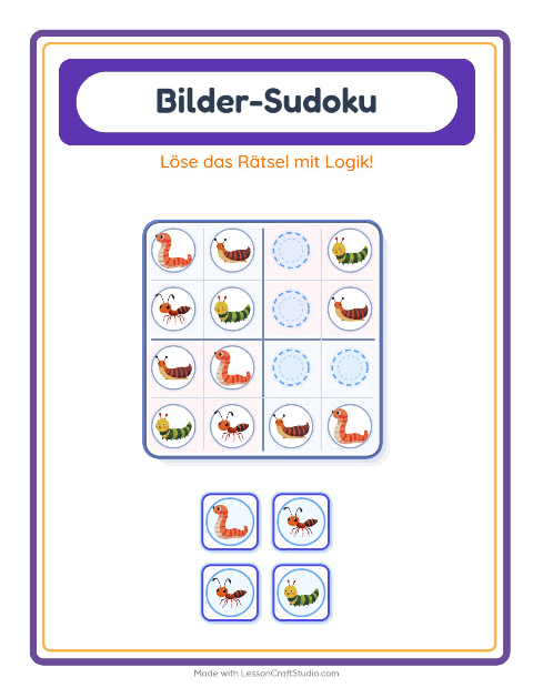 Vorschau: Bilder-Sudoku-Arbeitsblatt mit Insekten und Käfer für Kindergarten