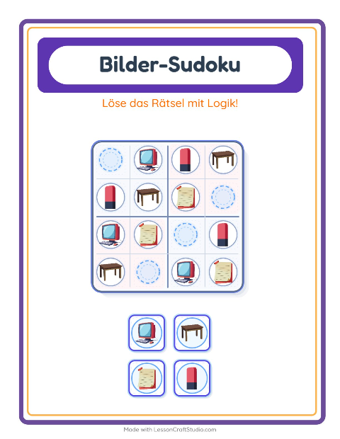 Vorschau: Bilder-Sudoku-Arbeitsblatt mit Klassenzimmer für Kindergarten
