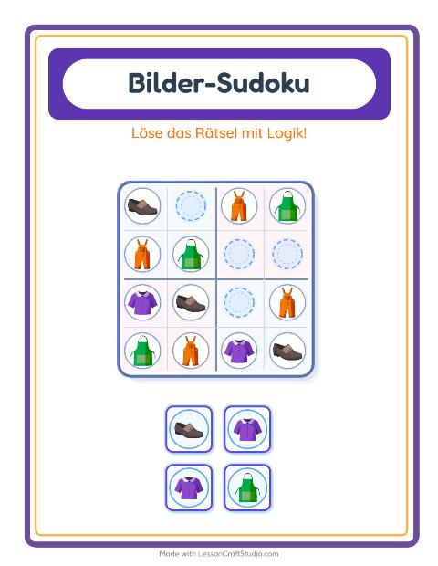 Vorschau: Bilder-Sudoku-Arbeitsblatt mit Kleidung für Kindergarten