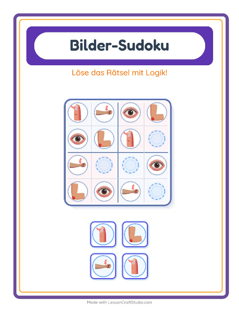 Vorschau: Bilder-Sudoku-Arbeitsblatt mit Körperteile für Kindergarten