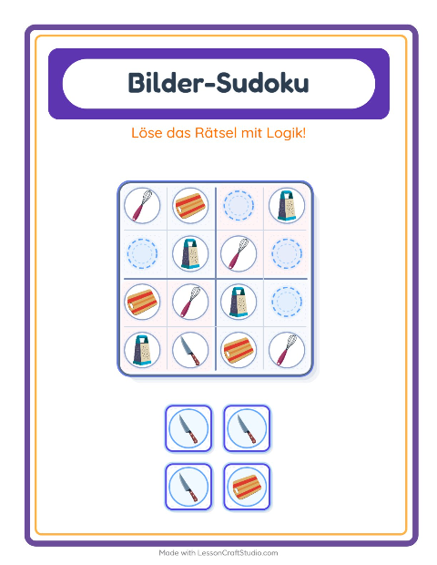Vorschau: Bilder-Sudoku-Arbeitsblatt mit Küchenwerkzeuge für Kindergarten
