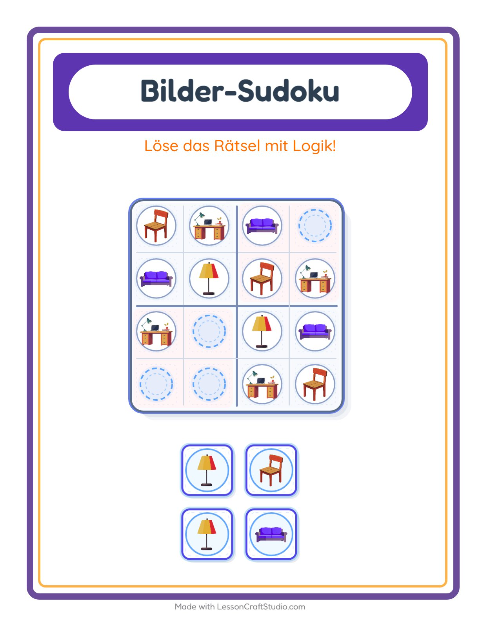 Vorschau: Bilder-Sudoku-Arbeitsblatt mit Möbel für Kindergarten