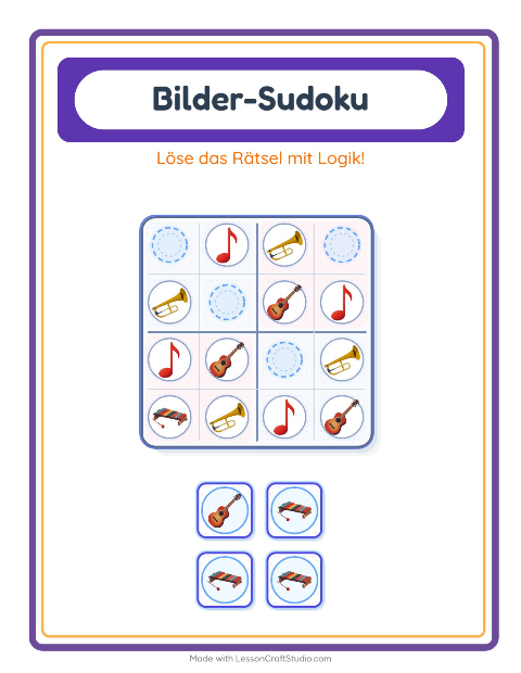Vorschau: Bilder-Sudoku-Arbeitsblatt mit Musik für Kindergarten