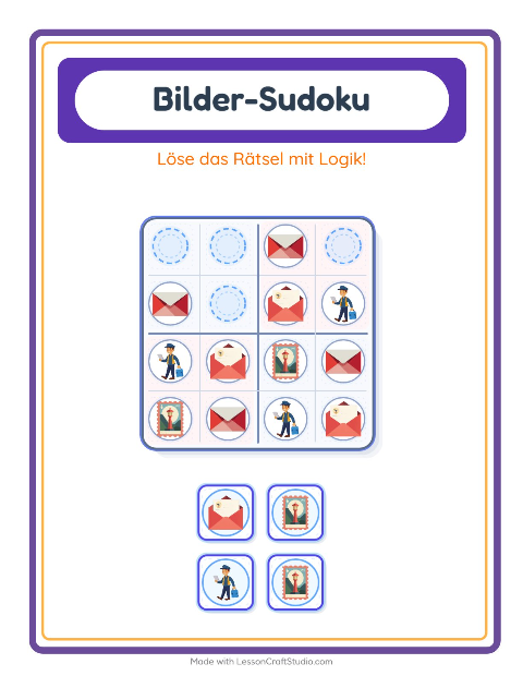 Vorschau: Bilder-Sudoku-Arbeitsblatt mit Postamt für Kindergarten