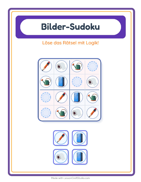 Vorschau: Bilder-Sudoku-Arbeitsblatt mit Rund ums Haus für Kindergarten