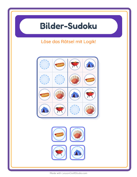Vorschau: Bilder-Sudoku-Arbeitsblatt mit Sommer für Kindergarten