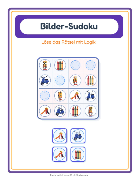 Vorschau: Bilder-Sudoku-Arbeitsblatt mit Spielzeug für Kindergarten