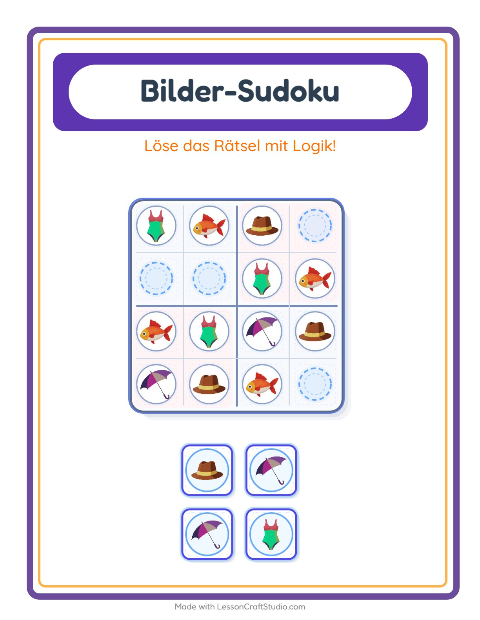 Vorschau: Bilder-Sudoku-Arbeitsblatt mit Strand für Kindergarten