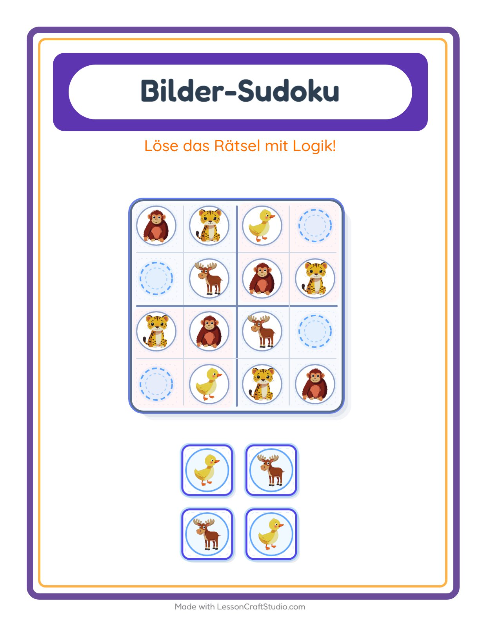 Vorschau: Bilder-Sudoku-Arbeitsblatt mit Tiere für Kindergarten