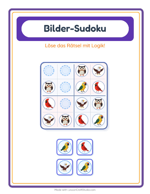 Vorschau: Bilder-Sudoku-Arbeitsblatt mit Vögel 2 für Kindergarten