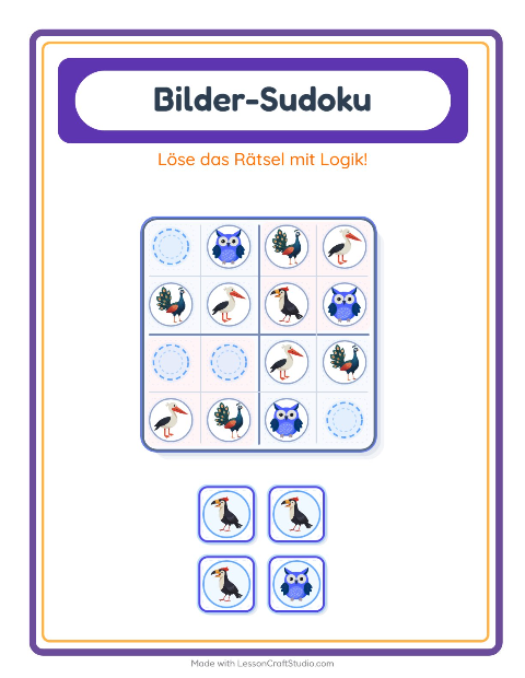 Vorschau: Bilder-Sudoku-Arbeitsblatt mit Vögel für Kindergarten