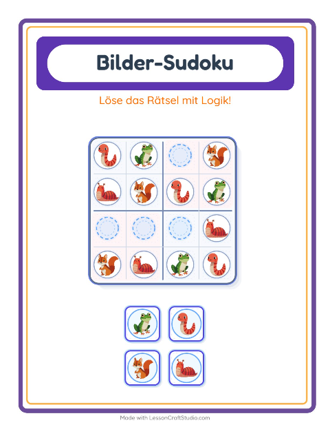 Vorschau: Bilder-Sudoku-Arbeitsblatt mit Waldtiere für Kindergarten