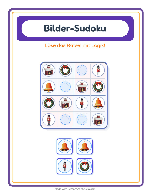 Vorschau: Bilder-Sudoku-Arbeitsblatt mit Weihnachten für Kindergarten