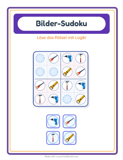 Vorschau: Bilder-Sudoku-Arbeitsblatt mit Werkzeuge für Kindergarten