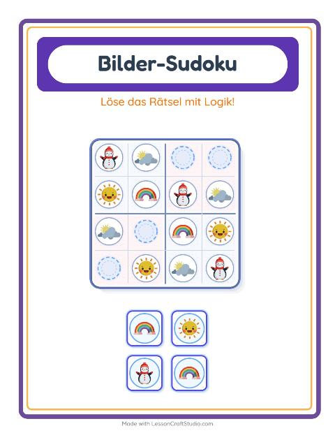 Vorschau: Bilder-Sudoku-Arbeitsblatt mit Wetter für Kindergarten