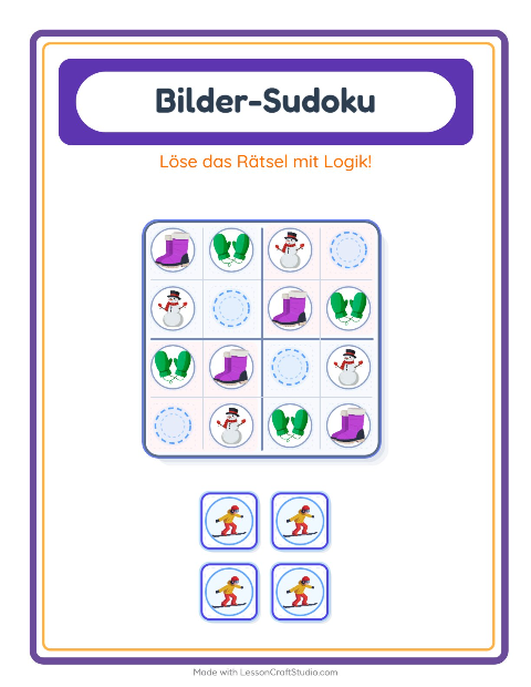 Vorschau: Bilder-Sudoku-Arbeitsblatt mit Winter für Kindergarten