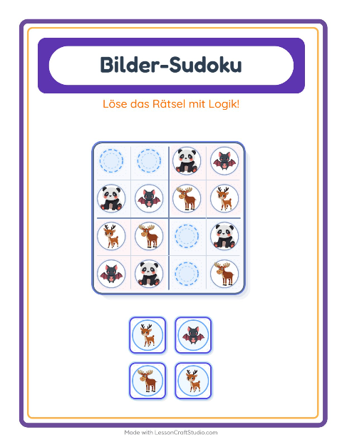 Vorschau: Bilder-Sudoku-Arbeitsblatt mit Zootiere für Kindergarten