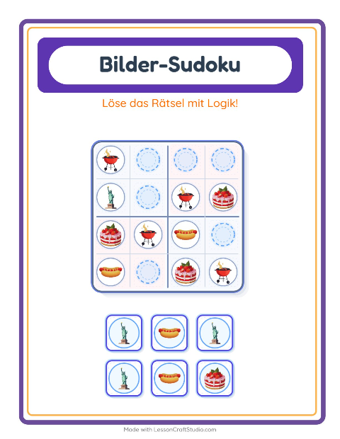 Vorschau: Bilder-Sudoku-Arbeitsblatt mit 4. Juli für Kindergarten
