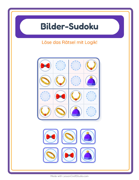 Vorschau: Bilder-Sudoku-Arbeitsblatt mit Accessoires für Kindergarten